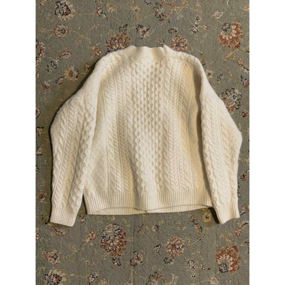 Aran V-Neck Cream Cable Knit Brown Button Merino Wool Cardigan w/ Pockets, M - Picture 6 of 6